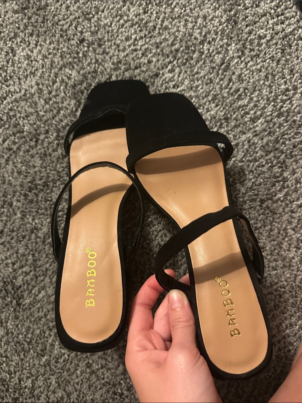 BAMBOO Black Velvet Square-Toe Slide Sandals with Tan Insole